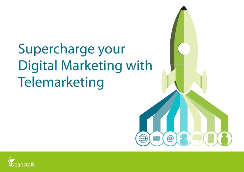 Supercharge Your Digital Marketing with Telemarketing. A white paper cover with a stylised image of a rocket